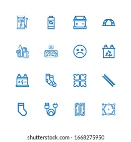 Editable 16 low icons for web and mobile. Set of low included icons line Polygon, Battery, Charge, Socks, Ladder, Reduce, Unhappy, Pressure, Charger on white background