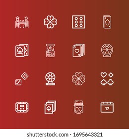 Editable 16 luck icons for web and mobile. Set of luck included icons line Saint Patrick, Leprechaun, Poker, Poker table, Clover, Roulette, Dice, Claw machine, Playing cards on red