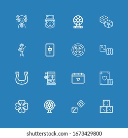 Editable 16 lucky icons for web and mobile. Set of lucky included icons line Dice, Roulette, Clover, Saint Patrick, Slot machine, Horseshoe, Mahjong, Chinese on blue background