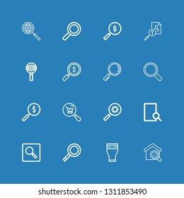 Editable 16 lupe icons for web and mobile. Set of lupe included icons line Search, Glass, Magnifying glass, Magnifier on blue background