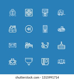 Editable 16 machine icons for web and mobile. Set of machine included icons line Tank, Cartridge, Dustpan, Robot, Crane, Stationary bike, Cash machine, Coffee on blue background