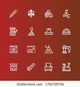 Editable 16 machine icons for web and mobile. Set of machine included icons line Stationary bike, Toaster, Saw, Garage, Robot arm, Tipi, Settings, System, Cogwheel, Conveyor on red