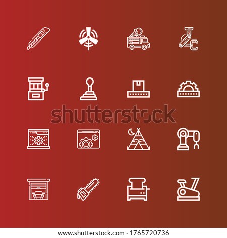 Editable 16 machine icons for web and mobile. Set of machine included icons line Stationary bike, Toaster, Saw, Garage, Robot arm, Tipi, Settings, System, Cogwheel, Conveyor on red