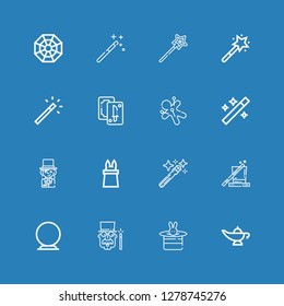 Editable 16 magical icons for web and mobile. Set of magical included icons line Magic lamp, Magic, Magician, Crystal ball, Magic wand, Wand, Voodoo, Tarot on blue background