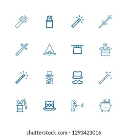 Editable 16 magician icons for web and mobile. Set of magician included icons line Cauldron, Wand, Top hat, Magic hat, Magic wand, Magician, Magic, Witch hat on white background