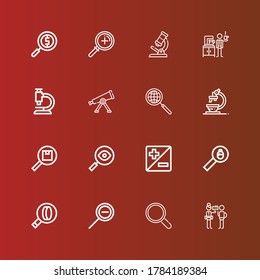 Editable 16 magnification icons for web and mobile. Set of magnification included icons line Detective, Magnifier, Zoom out, Search, Zoom, Microscope, Telescope, Magnifying glass on red