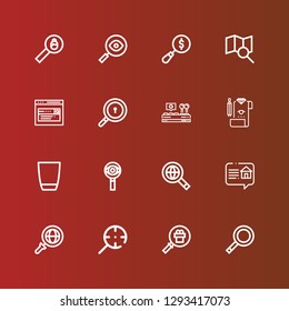 Editable 16 magnifier icons for web and mobile. Set of magnifier included icons line Magnifying glass, Search, Review, Searching, Glass, Control on red