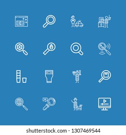 Editable 16 magnifier icons for web and mobile. Set of magnifier included icons line Screen, Detective, Magnifying, Magnifier, Search, Glass, Magnifying glass on blue background