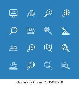 Editable 16 magnifier icons for web and mobile. Set of magnifier included icons line Searching, Magnifier, Search, Study, Control, Magnifying glass, Screen on blue background