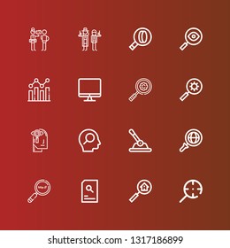 Editable 16 magnifier icons for web and mobile. Set of magnifier included icons line Magnifying glass, Search, Search engine, Control, Observation, Screen, Analysis, Detective on red
