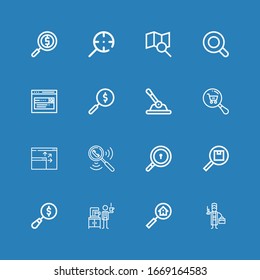 Editable 16 magnifier icons for web and mobile. Set of magnifier included icons line Detective, Search, Magnifying glass, Screen, Control on blue background