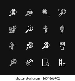 Editable 16 magnify icons for web and mobile. Set of magnify included icons line Glass, Search, Telescope, Magnifying glass, Detective, Magnifying, Magnifier on black background