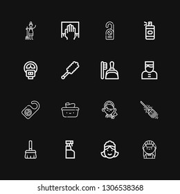 Editable 16 maid icons for web and mobile. Set of maid included icons line Maid, Cleaning spray, Broom, Wet wipes, Door hanger, Bellboy, Dustpan, Duster, Parking meter on black background