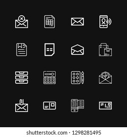 Editable 16 mail icons for web and mobile. Set of mail included icons line Envelope, Smartphone, Postcard, Mail, Email, Watercolor, Inboxes, Box, Bill, File on black background