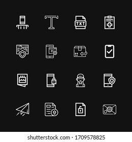 Editable 16 iconos de correo para web y móvil. Conjunto de correo incluido iconos línea Correo electrónico, Archivo, Enviar, Smartphone, Entrega, Invitación, Cartel, Móvil, Sitio web en fondo negro
