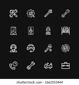 Editable 16 maintenance icons for web and mobile. Set of maintenance included icons line Toolbox, Mower, Wrench, Support, Setup, Repairing, Mechanic, Admin on black background