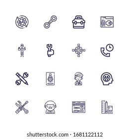 Bearbeitbare 16 Wartungs-Icons für Web und Mobile. Paket mit inkludierten Symbolen in der Reihe Extras, Support, Mitarbeiter, Wartung, Fixed, Mechanic, Admin, Konfiguration auf weißem Hintergrund