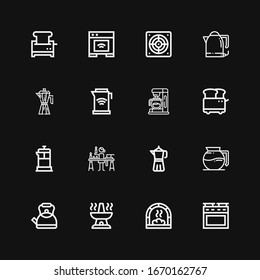 Editable 16 Maker Icons For Web And Mobile. Set Of Maker Included Icons Line Oven, Kettle, Coffee Maker, Candle Making, French Press, Toaster, Coffee Machine On Black Background