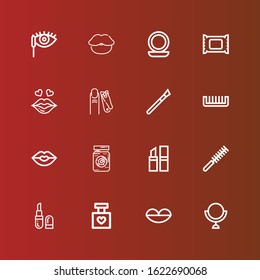 Editable 16 makeup icons for web and mobile. Set of makeup included icons line Mirror, Lips, Perfume, Lipstick, Comb, Eye jar, Kiss, Makeup, Nail clippers, remover on red
