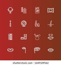 Editable 16 makeup icons for web and mobile. Set of makeup included icons line Kiss, Mascara, Lips, Perfume, Cosmetics, Comb, Hair, Lipstick, Mirror, Makeup remover, Eye jar on red