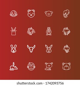 Editable 16 mammal icons for web and mobile. Set of mammal included icons line Hamster, Rabbit, Monkey, Rat, Unicorn, Bull skull, Elephant, Koala, Polar bear, Sea lion on red