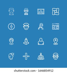 Editable 16 man icons for web and mobile. Set of man included icons line Student, Meeting, Gym, Mind, Placeholder, Salesman, Position, Topping, Man, Policeman on blue background