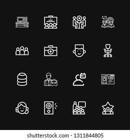 Editable 16 manager icons for web and mobile. Set of manager included icons line Teamwork, Conference, Speaker, Avatar, Profile, User, Employee, Training, Office chair on black background
