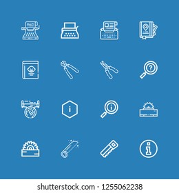 Editable 16 manual icons for web and mobile. Set of manual included icons line Information, Saw, Plier, Pliers, Guide book, Guide, Typewriter on blue background