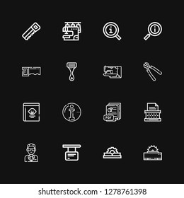 Editable 16 manual icons for web and mobile. Set of manual included icons line Saw, Manual, Information, Guide, Typewriter, Pdf, Info, Guide book, Pliers, Sewing machine on black background