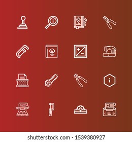 Editable 16 manual icons for web and mobile. Set of manual included icons line Typewriter, Manual, Saw, Information, Pliers, Sewing machine, Exposure, Guide book, Plier on red