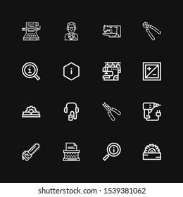 Editable 16 manual icons for web and mobile. Set of manual included icons line Saw, Information, Typewriter, Drill, Plier, Audio guide, Manual, Exposure, Sewing machine on black background