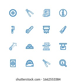 Editable 16 manual icons for web and mobile. Set of manual included icons line Information, Plier, Saw, Manual, Typewriter, Silkscreen, Pdf, Pliers on white background