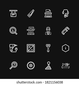 Editable 16 manual icons for web and mobile. Set of manual included icons line Sewing machine, Gearshift, Saw, Information, Razor, Exposure, Drill, Guide, Typewriter on black background