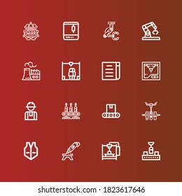 Editable 16 iconos de fabricación para web y móvil. Conjunto de fabricación incluido íconos de línea Conveyor, d printer, d imprenta, Vest, Worker, Draft, Nuclear plant, Robot en rojo