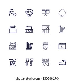 Editable 16 march icons for web and mobile. Set of march included icons line Leprechaun shoe, Drums, Parade, Drum, Saint Patrick, Leprechaun, Harp, Ireland on white background