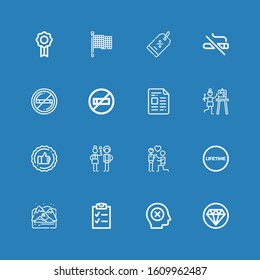 Editable 16 mark icons for web and mobile. Set of mark included icons line Quality, Failure, Checklist, Arctic, Lifetime, Proposal, Check in, Evaluate, Satisfaction on blue background