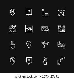 Editable 16 marker icons for web and mobile. Set of marker included icons line Parking, Pencil case, Location pin, Placeholder, Map, Paintball, Stationery on black background