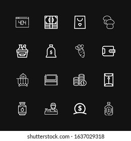 Editable 16 market icons for web and mobile. Set of market included icons line Oil, Money, Cashier, Gas, Coin, Coins, Whiteboard, Food cart, Wallet, Carrot on black background