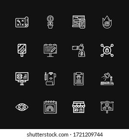 Editable 16 iconos de marketing para web y móvil. Conjunto de marketing incluye iconos línea Planificación, Mercado, Orgullo, Visión, Estudio, Informe, Revisión, Vallas, Vpn sobre fondo negro