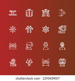 Editable 16 martial icons for web and mobile. Set of martial included icons line Judo, Samurai, Ninja, Wrestler, Sumo, Shogun, Martial arts, Shuriken, Kusarigama, Kimono on red