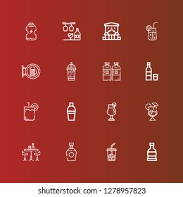 Editable 16 martini icons for web and mobile. Set of martini included icons line Rum, Ice coffee, Brandy, Bar, Cocktail, Shaker, Drink, Vodka, Alcoholic drink on red