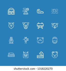 Editable 16 mascot icons for web and mobile. Set of mascot included icons line Polar bear, Headdress, Monster, Shark, Fangs, Hamster, Troll, Fox, Buck, Rhino on blue background