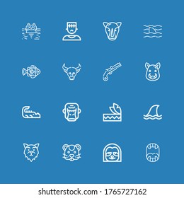 Editable 16 mascot icons for web and mobile. Set of mascot included icons line Fangs, Sloth, Hamster, Wolf, Shark, Headdress, Gorilla, Crocodile, Boar, Musket on blue background