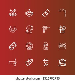 Editable 16 mask icons for web and mobile. Set of mask included icons line Samurai, Clown, Theater, Diving mask, Shogun, Surgeon, Safety glasses, Magic hat, Paintball, Ninja on red