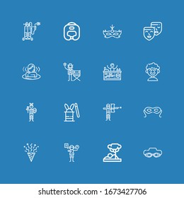 Editable 16 mask icons for web and mobile. Set of mask included icons line Goggle, Savannah, Acting, Confetti, Eye mask, Paintball, Magic hat, Clown, Actor on blue background