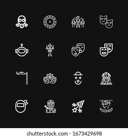 Editable 16 mask icons for web and mobile. Set of mask included icons line Vr, Confetti, Ninja, Mask, Sphinx, Clown, Eye Mustache, Theatre, Masks, Bandit on black background