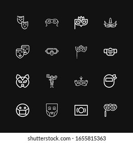 Editable 16 iconos de máscaras para web y móvil. Conjunto de máscaras incluidas la línea de íconos Máscara de ojos, Máscara, Actuación, Máscaras sobre fondo negro