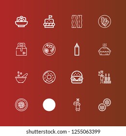 Editable 16 meal icons for web and mobile. Set of meal included icons line Biscuit, Servant, Knife, Chinese food, Churrasco, Hamburger, Donut, Bowl, Pie, Sauce, Prawn, Take away on red