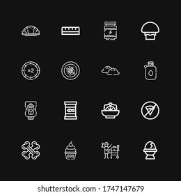 Editable 16 íconos de comida para web y móvil. El conjunto de comidas incluía íconos como Huevo, Grill, Pastel, Huesos, No comida rápida, Ensalada, Comida en lata, Ketchup, Canteen, Dumpling en fondo negro