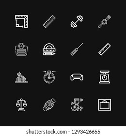 Editable 16 measure icons for web and mobile. Set of measure included icons line Weight, Hourglass, Watch, Balance, Scale, Gym, Stopclock, Architecture, Ruler on black background